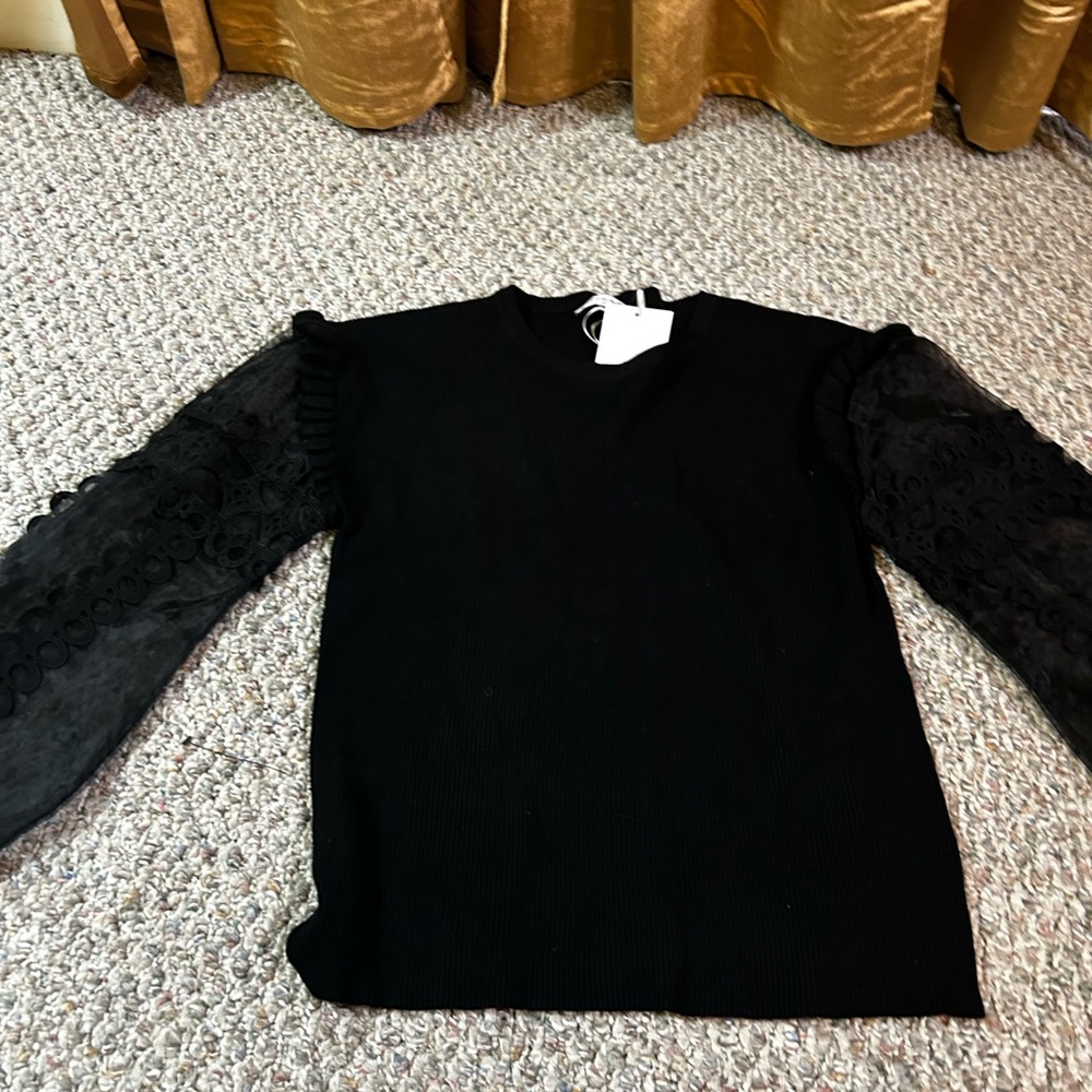 Xl black embroidered sheer sleeves sweater NWT